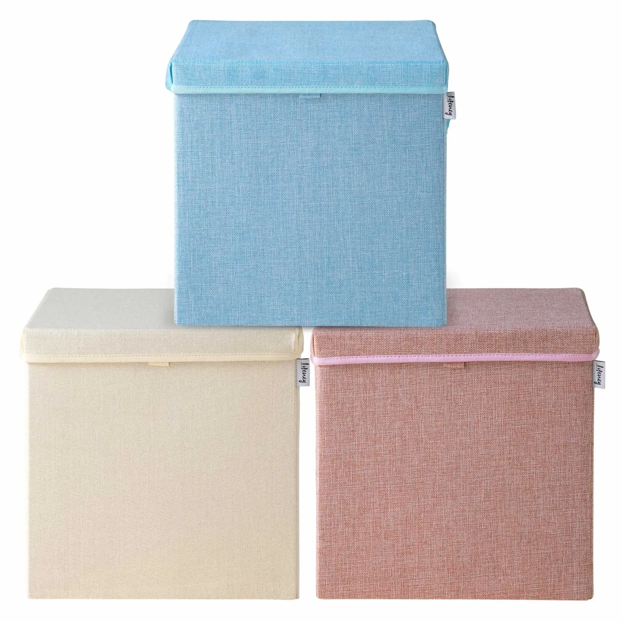 Aufbewahrungsbox 3er-Set, beige hellblau & rosa, mit Deckel, 33x33x33cm