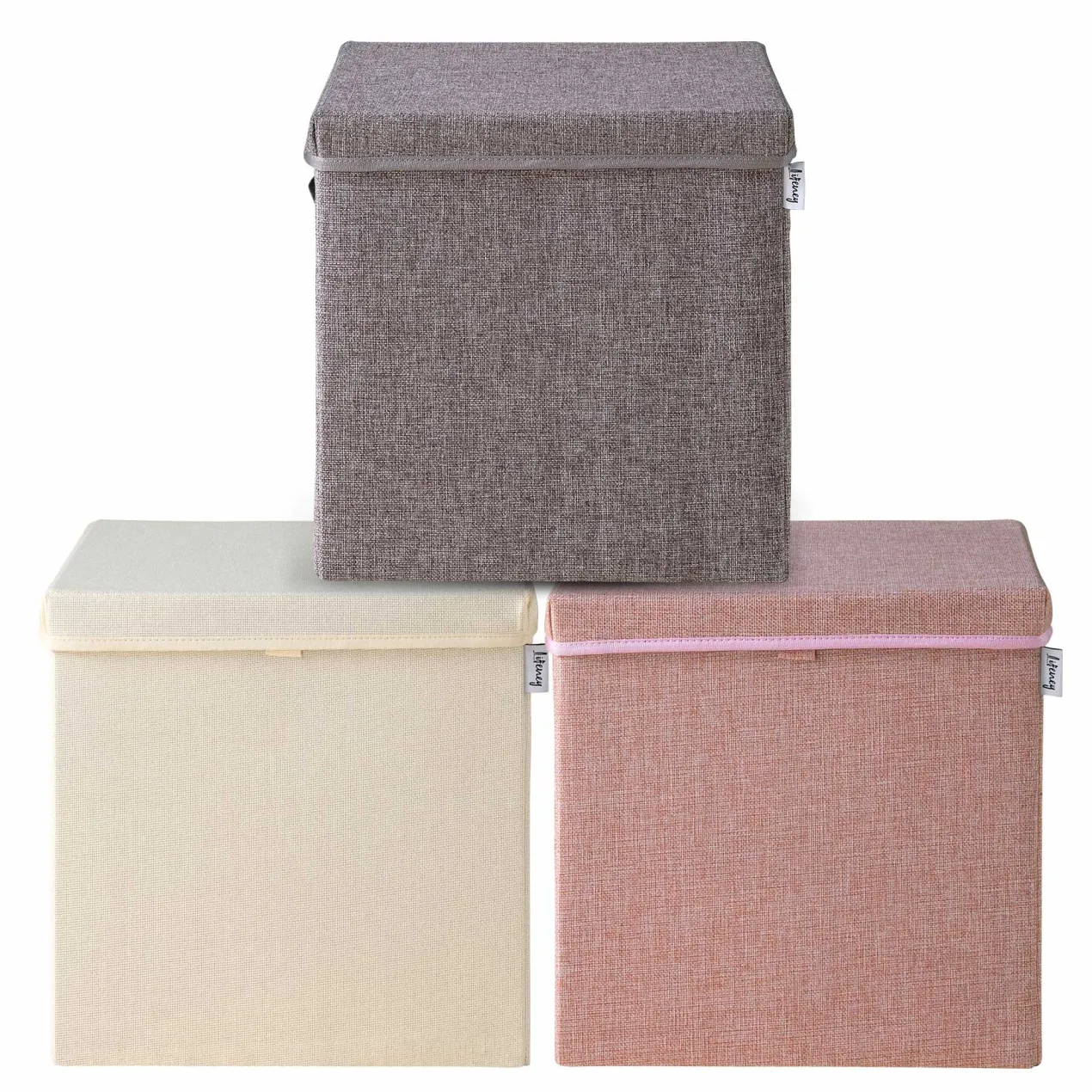 Aufbewahrungsbox 3er-Set, braun rosa & grau, mit Deckel, 33x33x33cm