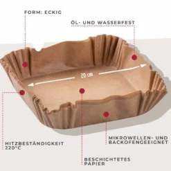 Backpapier für Heißluftfritteuse eckig, 20x20x4,5cm, 40 Stk.