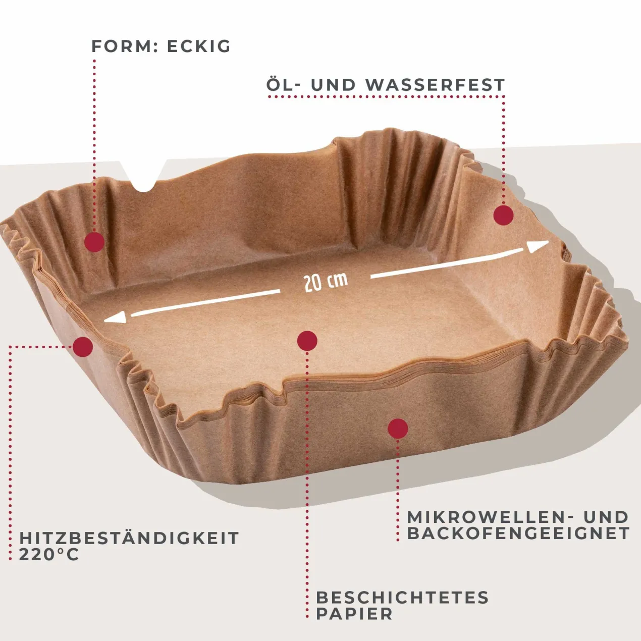 Backpapier für Heißluftfritteuse eckig, 20x20x4,5cm, 40 Stk.