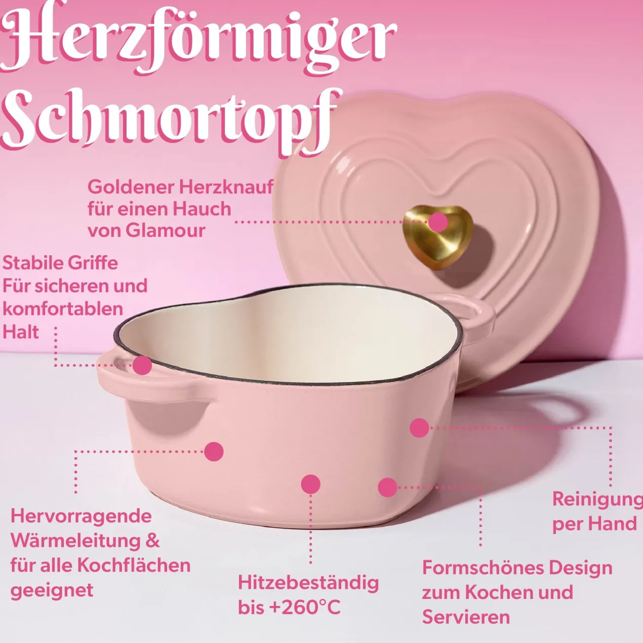Bräter Herzform, rosa, 1,8L