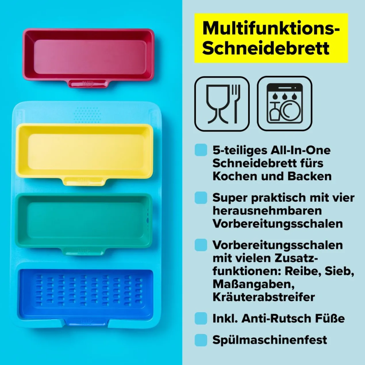 Multifunktions-Schneidebrett inkl. Vorbereitungsschalen, 5-tlg