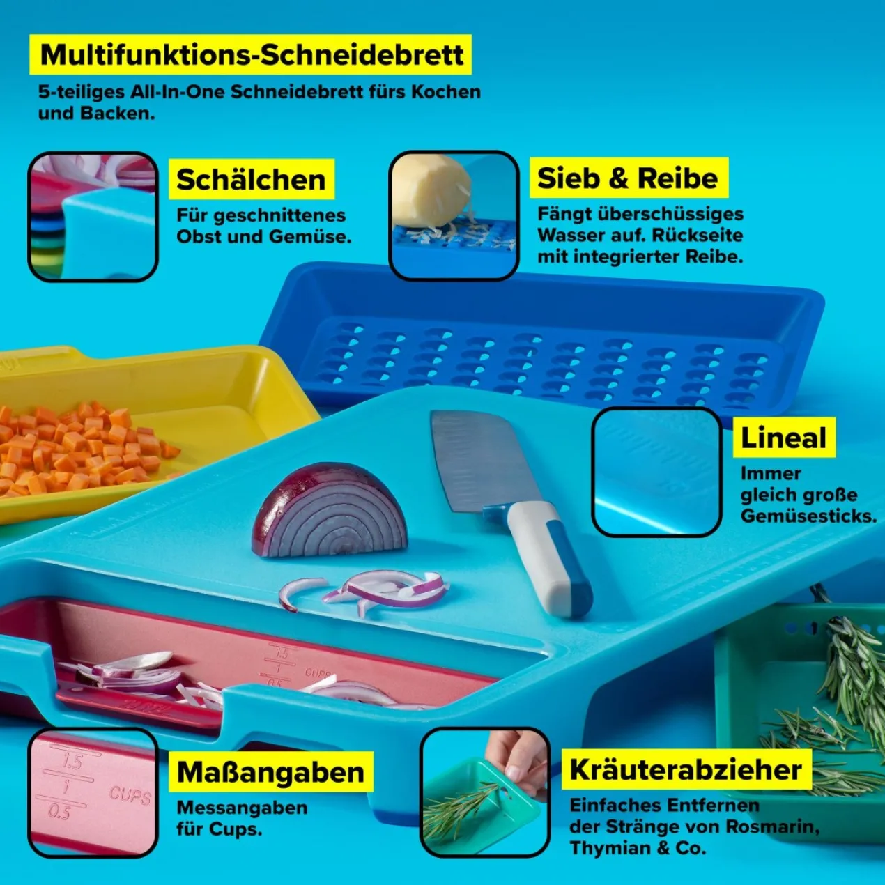 Multifunktions-Schneidebrett inkl. Vorbereitungsschalen, 5-tlg