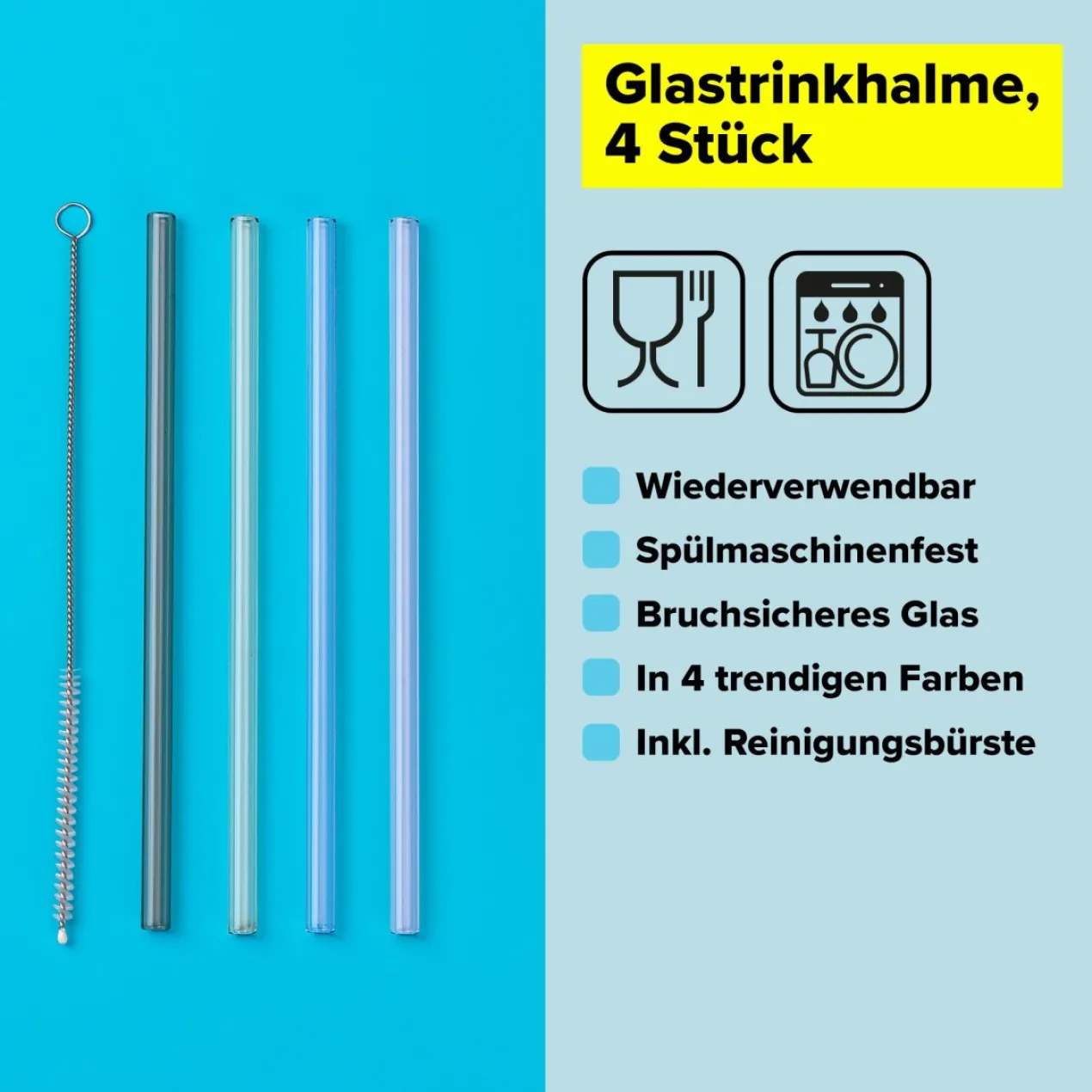Strohhalme wiederverwendbar, inkl. Reinigungsbürste, 4 Stück, Glas